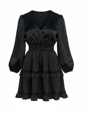 altar’d state black satin ruffle long sleeve mini dress